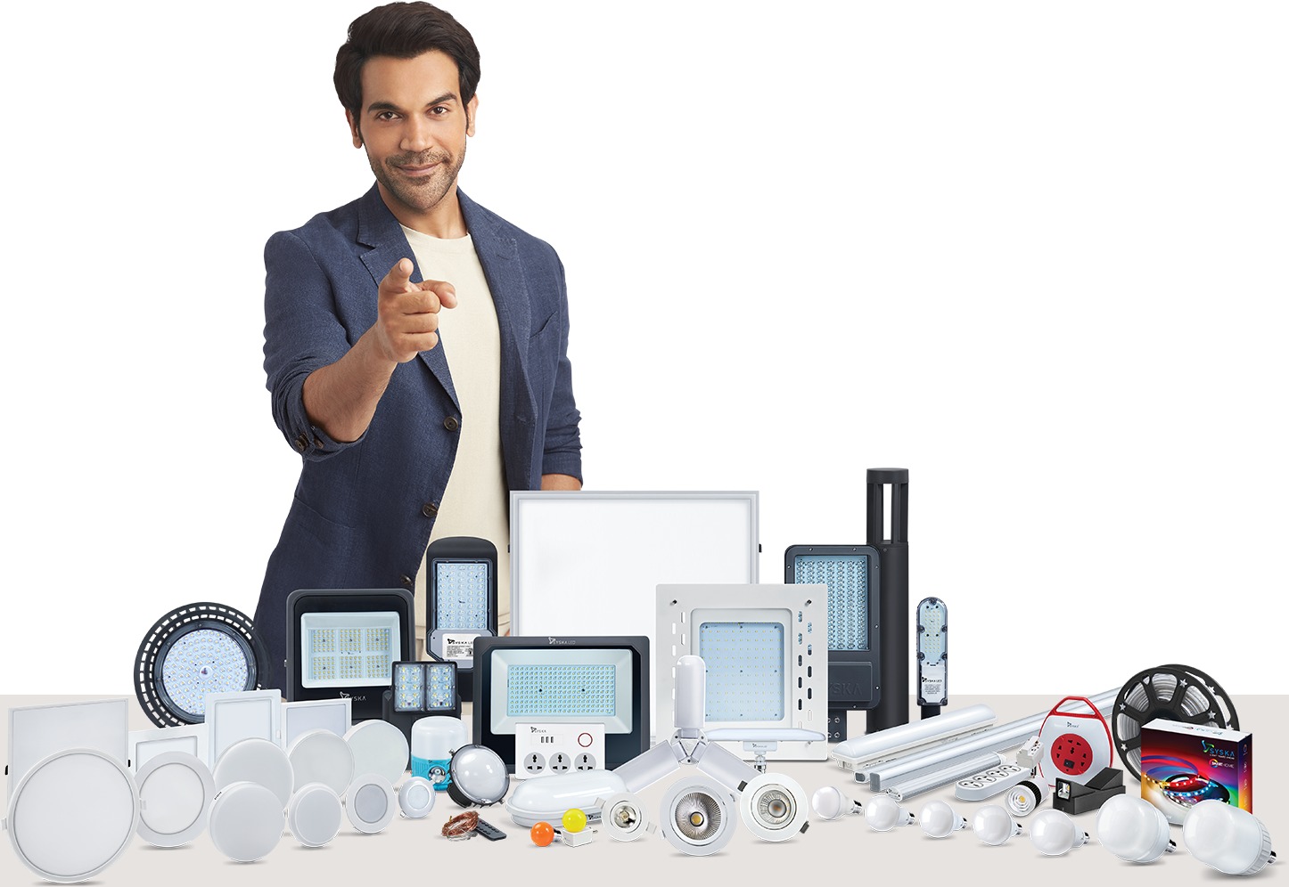 Syska brand ambassador pointing, product line-up in foreground